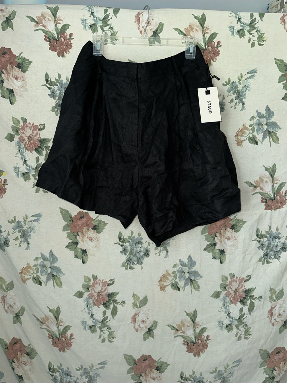 STAUD Linen Black High-Waist Pleated Shorts